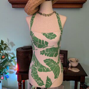Green & White Banana Leaf One-piece Swimsuit Sz Med